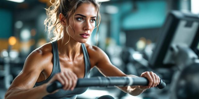 Femme effectuant un entraînement HIIT sur un rameur en salle, en tenue de sport, visage concentré et sueur visible, mouvement du rameur flou, lumière matinale volumétrique douce, arrière-plan d'équipements de gym flou.