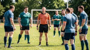 Un arbitre de rugby amateur au centre d’un terrain en herbe, sifflet à la bouche, entouré de plusieurs joueurs pendant un match en plein jour.