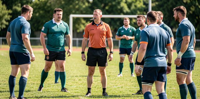 Un arbitre de rugby amateur au centre d’un terrain en herbe, sifflet à la bouche, entouré de plusieurs joueurs pendant un match en plein jour.