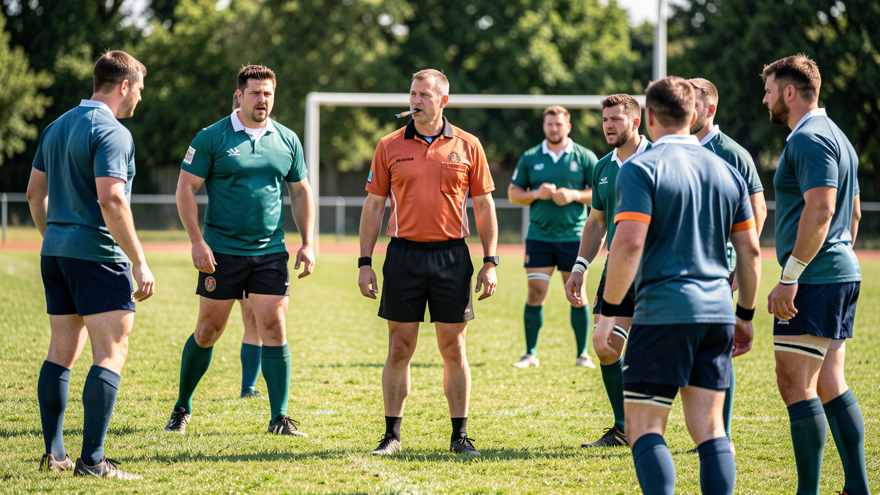 Un arbitre de rugby amateur au centre d’un terrain en herbe, sifflet à la bouche, entouré de plusieurs joueurs pendant un match en plein jour.