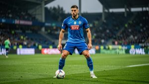 Un joueur de football, habillé en tenue officielle moderne, se tient prêt sur un terrain en gazon, ambiance de compétition internationale, photographie sportive réaliste.