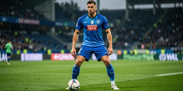 Un joueur de football, habillé en tenue officielle moderne, se tient prêt sur un terrain en gazon, ambiance de compétition internationale, photographie sportive réaliste.