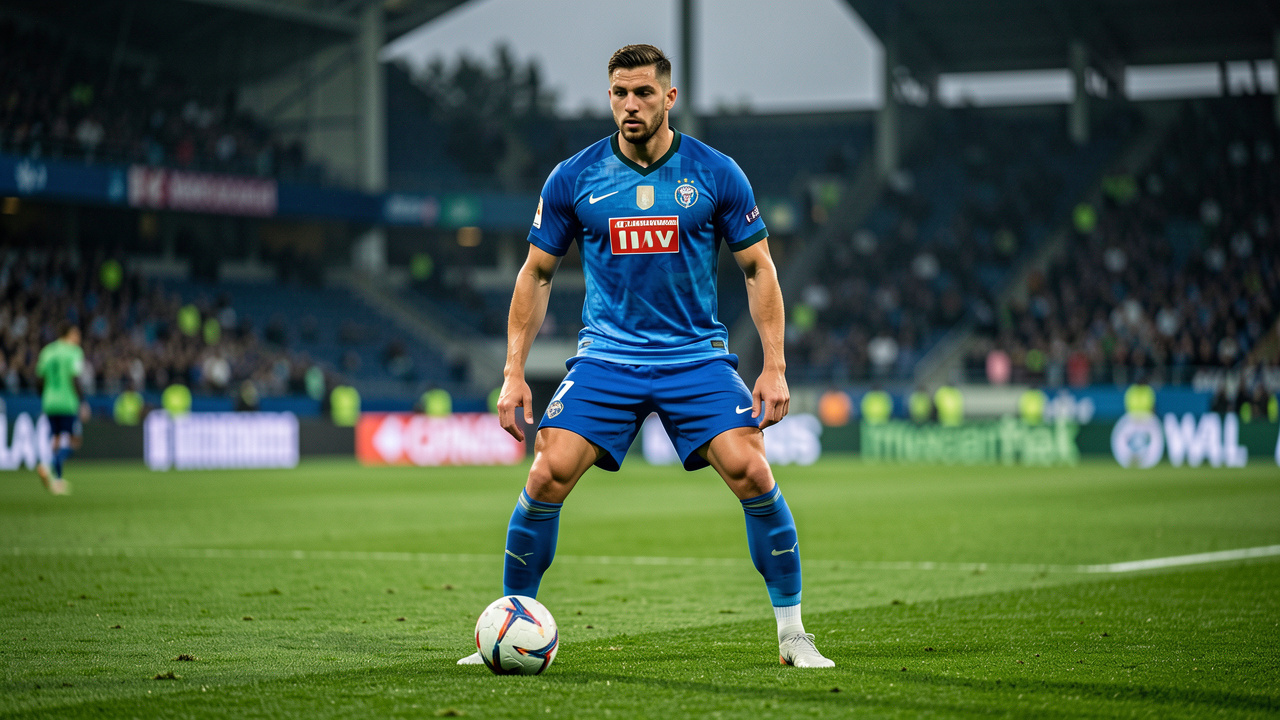 Un joueur de football, habillé en tenue officielle moderne, se tient prêt sur un terrain en gazon, ambiance de compétition internationale, photographie sportive réaliste.
