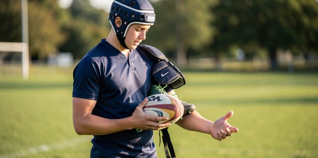 Adolescent rugbyman sur un terrain d’entraînement, observant un ballon et plusieurs équipements de protection pour choisir son poste et son matériel.