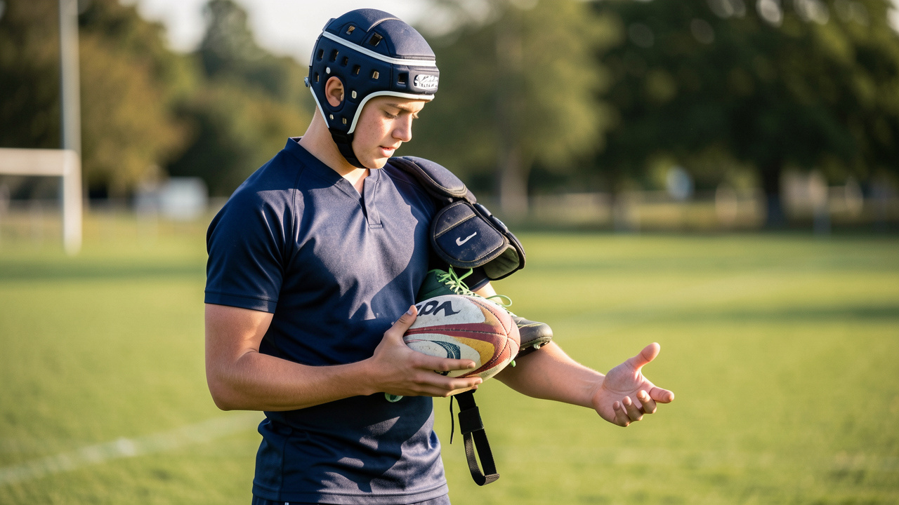 Adolescent rugbyman sur un terrain d’entraînement, observant un ballon et plusieurs équipements de protection pour choisir son poste et son matériel.