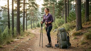 Une femme adulte en tenue de randonnée s’échauffe près d’un sac à dos et de bâtons de marche, au départ d’un sentier en forêt.
