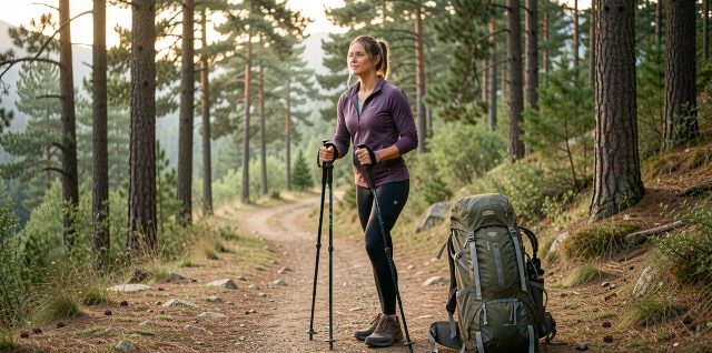 Une femme adulte en tenue de randonnée s’échauffe près d’un sac à dos et de bâtons de marche, au départ d’un sentier en forêt.