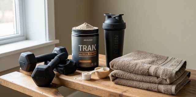 Pot de protéines en poudre sans marque, shaker, haltères et bandes de résistance disposés sur un banc de salle de sport.