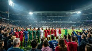 Stade de football européen rempli de supporters, avec des joueurs de sélections nationales alignés sur la pelouse sous les projecteurs, dans une ambiance nocturne réaliste.