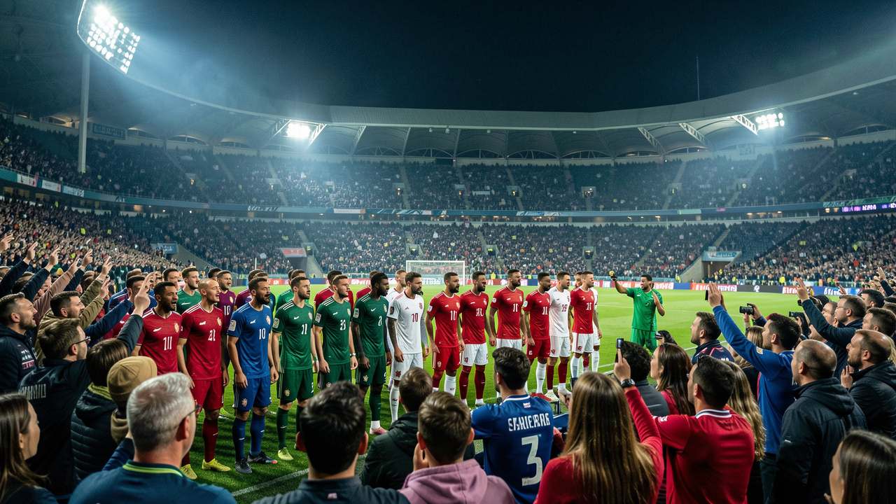 Stade de football européen rempli de supporters, avec des joueurs de sélections nationales alignés sur la pelouse sous les projecteurs, dans une ambiance nocturne réaliste.