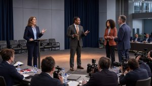 Débat institutionnel sur le sport avec plusieurs candidates et candidats sur une scène moderne, devant des représentants de clubs et des journalistes.