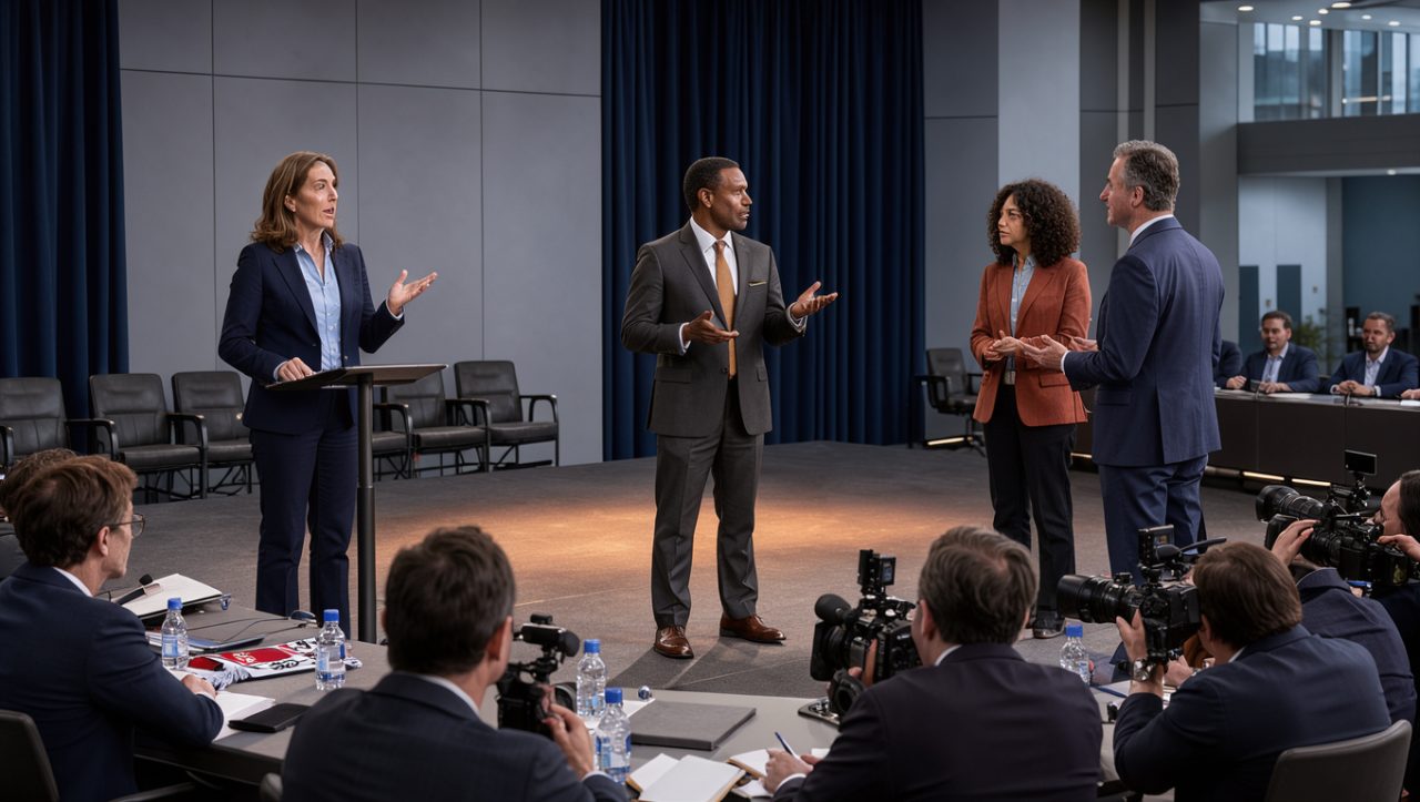 Débat institutionnel sur le sport avec plusieurs candidates et candidats sur une scène moderne, devant des représentants de clubs et des journalistes.