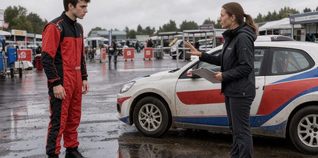 Jeune pilote en combinaison de course écoutant une instructrice près d’une voiture de rallye sur un circuit français.