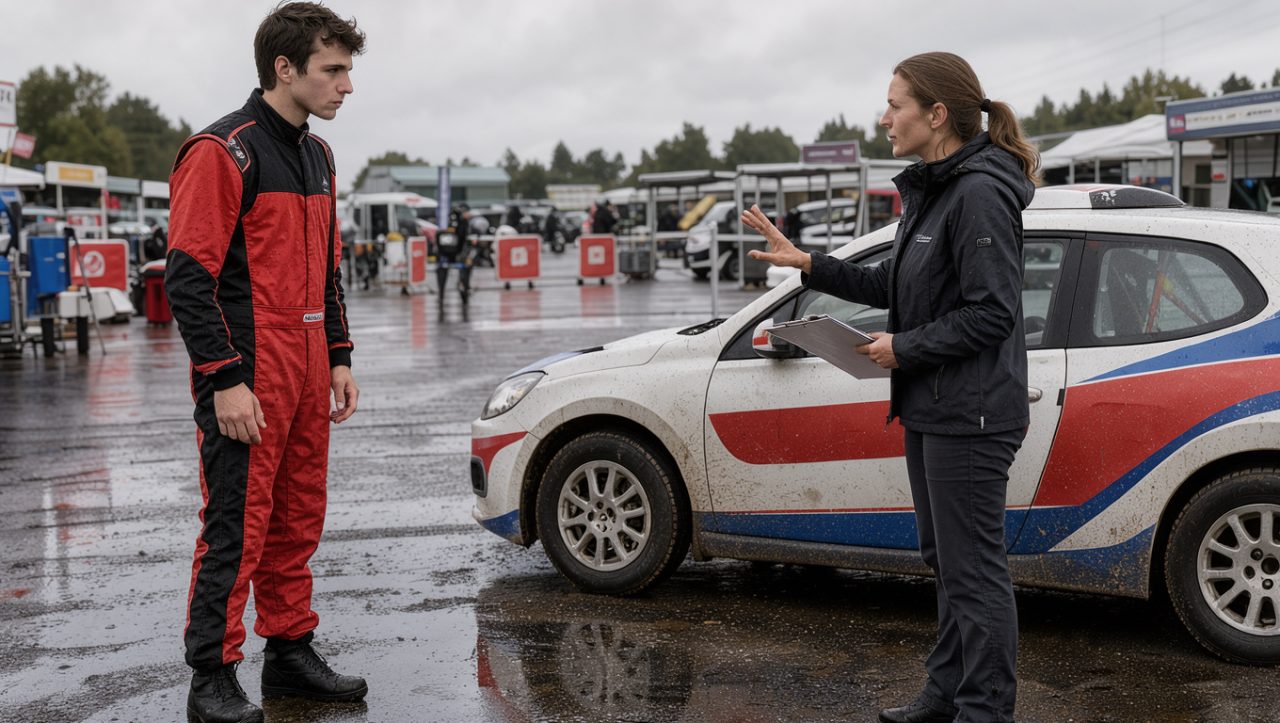 Jeune pilote en combinaison de course écoutant une instructrice près d’une voiture de rallye sur un circuit français.