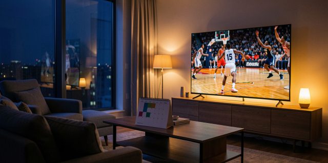 Salon moderne de nuit avec une télévision diffusant un match de basketball américain et un calendrier sportif vierge posé sur une table basse.