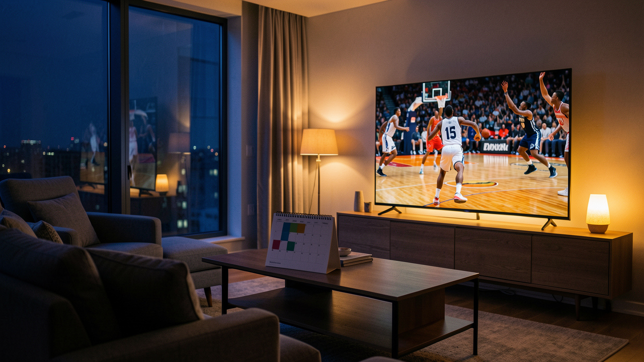 Salon moderne de nuit avec une télévision diffusant un match de basketball américain et un calendrier sportif vierge posé sur une table basse.